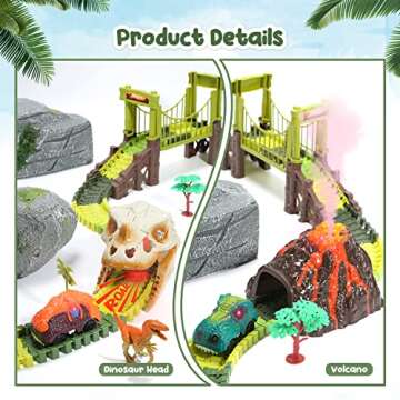 HOLYFUN Dinosaur Race Car Tracks, Toy Train Set Tracks, Car Track Playset with Remote Control Dino Race Car, Volcano W/Steam, Realistic Dinosaur Head W/Sound & Light to Create A Dino World Road Race