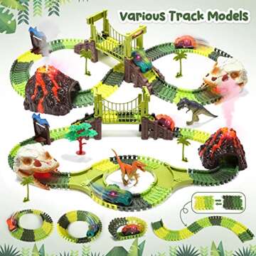 HOLYFUN Dinosaur Race Car Tracks, Toy Train Set Tracks, Car Track Playset with Remote Control Dino Race Car, Volcano W/Steam, Realistic Dinosaur Head W/Sound & Light to Create A Dino World Road Race