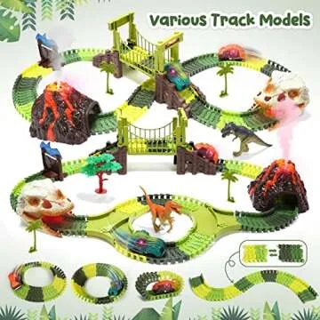 HOLYFUN Dinosaur Race Car Tracks, Toy Train Set Tracks, Car Track Playset with Remote Control Dino Race Car, Volcano W/Steam, Realistic Dinosaur Head W/Sound & Light to Create A Dino World Road Race