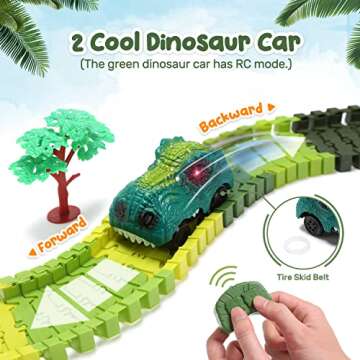 HOLYFUN Dinosaur Race Car Tracks, Toy Train Set Tracks, Car Track Playset with Remote Control Dino Race Car, Volcano W/Steam, Realistic Dinosaur Head W/Sound & Light to Create A Dino World Road Race