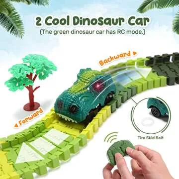 HOLYFUN Dinosaur Race Car Tracks, Toy Train Set Tracks, Car Track Playset with Remote Control Dino Race Car, Volcano W/Steam, Realistic Dinosaur Head W/Sound & Light to Create A Dino World Road Race