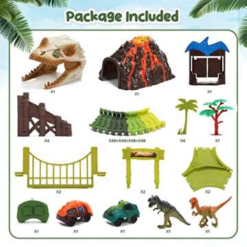 HOLYFUN Dinosaur Race Car Tracks, Toy Train Set Tracks, Car Track Playset with Remote Control Dino Race Car, Volcano W/Steam, Realistic Dinosaur Head W/Sound & Light to Create A Dino World Road Race