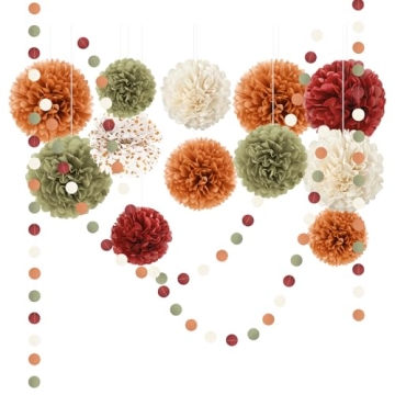 NICROLANDEE Fall Wedding Decorations - 15 PCS Pumpkin Orange Sage Green Ivory Tissue Pom Poms Decor,...