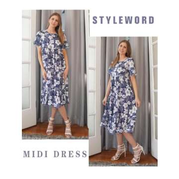 STYLEWORD Casual Dresses for Women Short Sleeve High Waist Tiered Midi Summer Beach Vacation Outfits Spring Dresses 2024(Floral05,L)