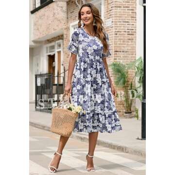 STYLEWORD Casual Dresses for Women Short Sleeve High Waist Tiered Midi Summer Beach Vacation Outfits Spring Dresses 2024(Floral05,L)
