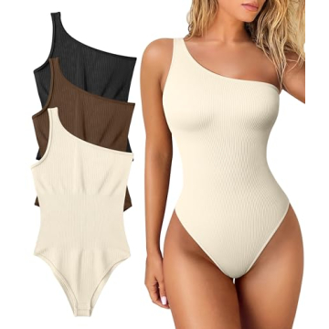 OQQ Women's Sexy Ribbed One Shoulder Bodysuit - 3 Pack