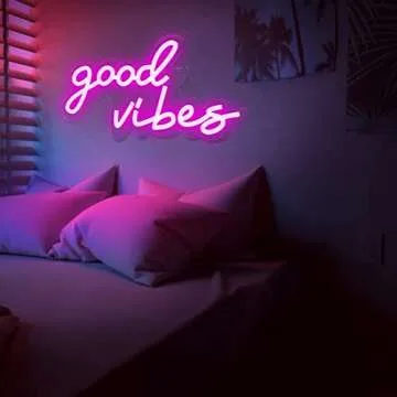 Coconeon Good Vibes Neon Sign with Dimmable Switch Powered by USB, Super Bright Pink LED Neon Signs for Wall Decor,Neon Lights for Bedroom(16.1 * 8.3")