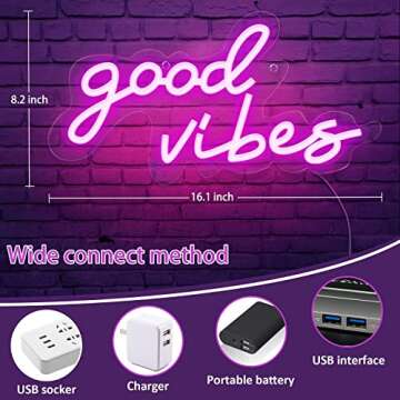 Coconeon Good Vibes Neon Sign with Dimmable Switch Powered by USB, Super Bright Pink LED Neon Signs for Wall Decor,Neon Lights for Bedroom(16.1 * 8.3")
