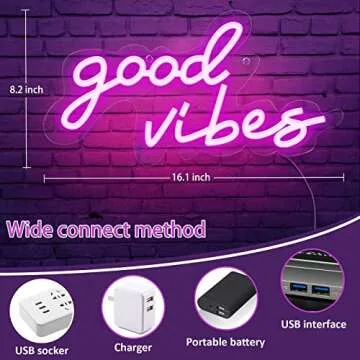 Coconeon Good Vibes Neon Sign with Dimmable Switch Powered by USB, Super Bright Pink LED Neon Signs for Wall Decor,Neon Lights for Bedroom(16.1 * 8.3")
