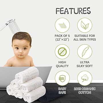 NKKFREY Baby Muslin Washcloths- Natural Muslin Cotton Baby Wipes - Soft Newborn Baby Face Towel for Sensitive Skin- Baby Registry as Shower, 5 Pack 12x12 inch (White)