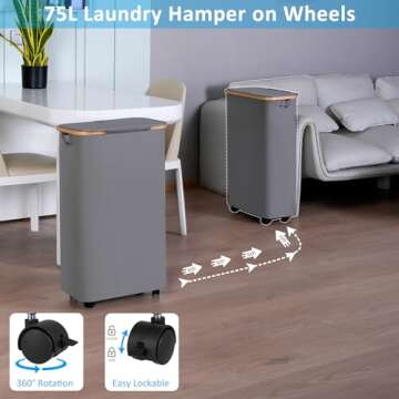 efluky Slim Laundry Basket with Wheels, Narrow Rolling Laundry Hamper with Lid and Removable Bag, Ta...