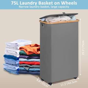 efluky Slim Laundry Basket with Wheels, Narrow Rolling Laundry Hamper with Lid and Removable Bag, Tall Aesthetic Dirty Clothes Hamper on Wheels for Laundry Room, Bedroom, Dorm and Bathroom, 75L Grey