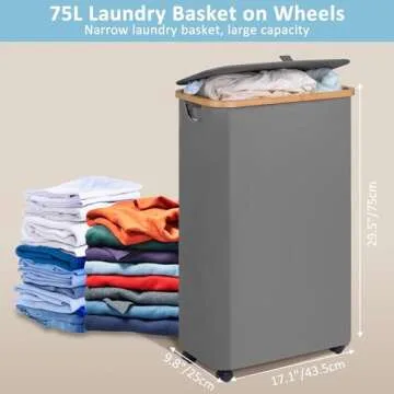 efluky Slim Laundry Basket with Wheels, Narrow Rolling Laundry Hamper with Lid and Removable Bag, Tall Aesthetic Dirty Clothes Hamper on Wheels for Laundry Room, Bedroom, Dorm and Bathroom, 75L Grey