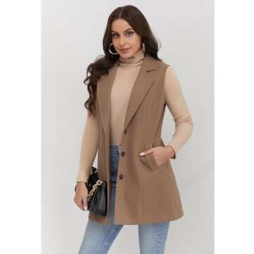 IDEALSANXUN Long Vest for Women Sleeveless Blazer Jackets Trench Coat 2024 Wool Coat Jackets Fall Fashion Outfits Winter Clothes Outerwear, Pure Dark Khaki, M