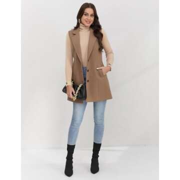 IDEALSANXUN Long Vest for Women Sleeveless Blazer Jackets Trench Coat 2024 Wool Coat Jackets Fall Fashion Outfits Winter Clothes Outerwear, Pure Dark Khaki, M