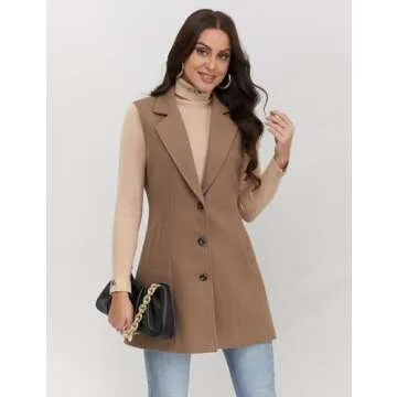 IDEALSANXUN Long Vest for Women Sleeveless Blazer Jackets Trench Coat 2024 Wool Coat Jackets Fall Fashion Outfits Winter Clothes Outerwear, Pure Dark Khaki, M