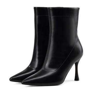 Elisabet Tang Ladies Dress Ankle boots 3.5IN Pointed toe - Mid Heel Stiletto Work Booties for Women Trendy Short Boots black patent matte size 7