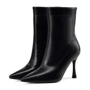 Elisabet Tang Ladies Dress Ankle boots 3.5IN Pointed toe - Mid Heel Stiletto Work Booties for Women Trendy Short Boots black patent matte size 7