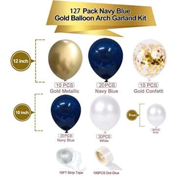 OuMuaMua 127Pcs Navy Blue Gold Balloon Arch Garland Kit, Navy White Gold Confetti Balloons with Balloon Accessories for Graduation Party Baby Shower Wedding Birthday Class of 2024 Prom Decorations