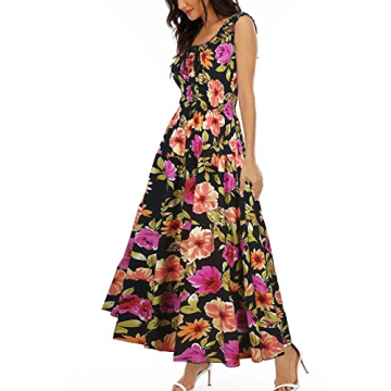 OSTOO Women's 2024 Summer Boho Floral Print Tiered Casual Flowy Long Maxi Dress(Black,M)