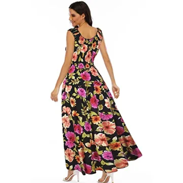 OSTOO Women's 2024 Summer Boho Floral Print Tiered Casual Flowy Long Maxi Dress(Black,M)