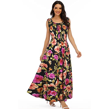 OSTOO Women's 2024 Summer Boho Floral Print Tiered Casual Flowy Long Maxi Dress(Black,M)