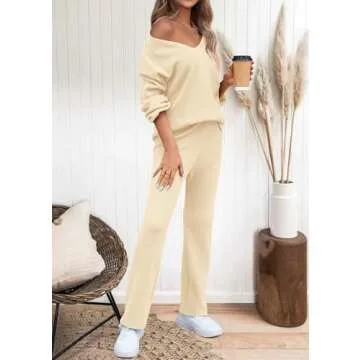 KIRUNDO Womens 2 Piece Sweater Sets 2025 Fall Winter Long Sleeve Knit Pullover and Wide Leg Pants Lounge Set Sweatsuit