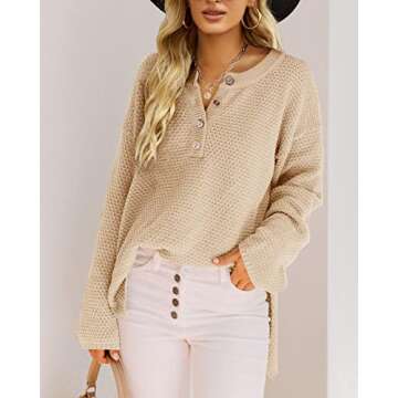 Saodimallsu Women's Oversized Sweaters Batwing Long Sleeve Loose V Neck Button Henley Tops Pullover Knit Jumper