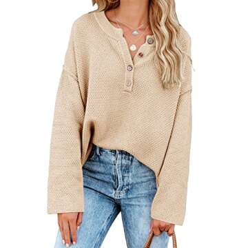 Saodimallsu Women's Oversized Sweaters Batwing Long Sleeve Loose V Neck Button Henley Tops Pullover Knit Jumper