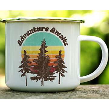 Adventure Awaits Retro Enamel Campfire Mug, Outdoor Enthusiast Camping Coffee Cup, Mountain Nature H...