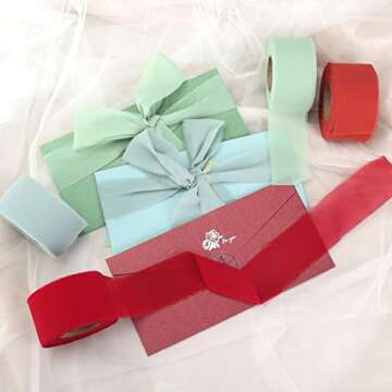 Cakasi Handmade Fringe Chiffon Ribbon Blue Jade 21Yd Chiffon Silk Ribbon 1-3/4" x 1 Rolls for Wedding Invitations Bridal Bouquets Backdrop Decorations Invitations Gift Wrapping DIY Crafts