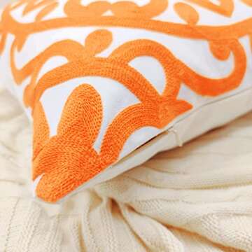 Alysheer Embroidered Decorative Throw Pillow Cover 18x18 inch, Cozy Warm Boho Mandala Knit Pattern Soft 100% Cotton Canvas Cushion Case for Sofa Couch Living Room Bedroom Gifts (Fresh Orange)