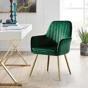Altrobene Modern Accent Dinging Chair, Velvet Home Office Desk Chair No Wheels, Living Room Bedroom Arm Chair with Golden Finished Metal Legs, Green