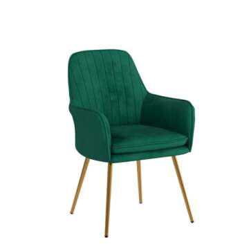 Altrobene Modern Accent Dinging Chair, Velvet Home Office Desk Chair No Wheels, Living Room Bedroom Arm Chair with Golden Finished Metal Legs, Green