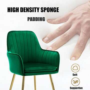 Altrobene Modern Accent Dinging Chair, Velvet Home Office Desk Chair No Wheels, Living Room Bedroom Arm Chair with Golden Finished Metal Legs, Green