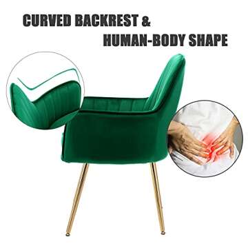 Altrobene Modern Accent Dinging Chair, Velvet Home Office Desk Chair No Wheels, Living Room Bedroom Arm Chair with Golden Finished Metal Legs, Green