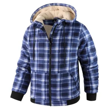 WENTTUO Mens Plaid Hoodies Winter Zip Up Fleece Jacket Sherpa Fleece Lined Warm Flannel Jacket Coat for Men