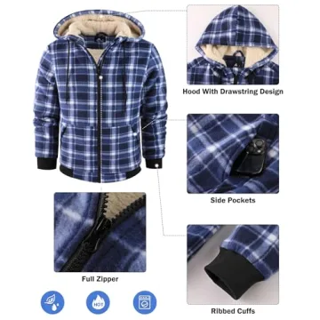 WENTTUO Mens Plaid Hoodies Winter Zip Up Fleece Jacket Sherpa Fleece Lined Warm Flannel Jacket Coat for Men