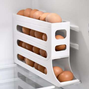 Mododer 4 Tiers Egg Holder for Fridge - Auto Rolling Egg Organizer, Space-Saving Design for 30 Eggs