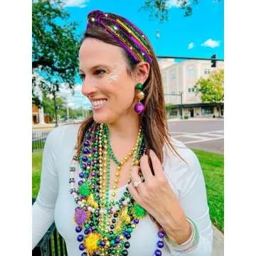 Mardi Gras Headband Sparkle Purple Green Gold Sequins Beads Mardi Gras Knotted Headband for Women Wide Knot Carnival Parade Thick Hairband New Orleans Fat Tuesday Hair Accessories Gift