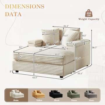 Oversized Chaise Lounge Chair Indoor with Ottoman,43.3" W Corduroy Upholstered Comfy Sofa,Modern Flu...