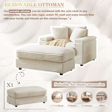 Oversized Chaise Lounge Chair Indoor with Ottoman,43.3" W Corduroy Upholstered Comfy Sofa,Modern Fluffy Couch with Deep Seat,Leisure Sleeper Sofa Chair for Living Room,Bedroom,Office(1 Seater,Beige)