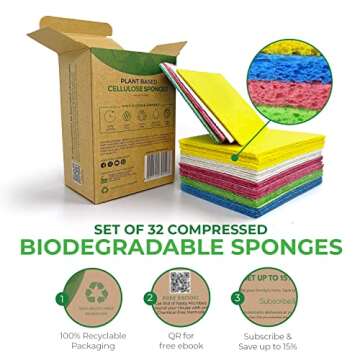 AIRNEX Biodegradable Compressed Cellulose Sponges - 32 Pack, Non Scratch, Eco Friendly Kitchen Clean...