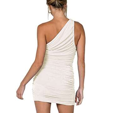 LYANER Women's Sexy One Shoulder Ruched Sleeveless Bodycon Mini Short Dress Beige Small