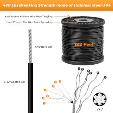 Belio String Light Hanging Kit, Stainless Steel Cable for Outdoor Lights, 182 FT Wire Rope Cable Tur...
