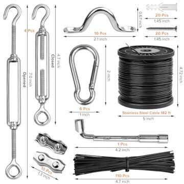 Belio String Light Hanging Kit, Stainless Steel Cable for Outdoor Lights, 182 FT Wire Rope Cable Turnbuckle and Hooks, Globe String Light Suspension Kit