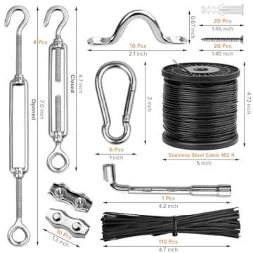 Belio String Light Hanging Kit, Stainless Steel Cable for Outdoor Lights, 182 FT Wire Rope Cable Turnbuckle and Hooks, Globe String Light Suspension Kit