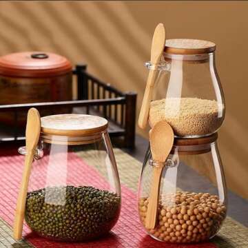 DNIENKGE Airtight glass jar storage container with bamboo lid Set of 2, wide mouth, leak-proof, With a spoon, can be used for coffee beans, tea leaves, grains, dried fruits, etc (Middle)