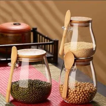 DNIENKGE Airtight glass jar storage container with bamboo lid Set of 2, wide mouth, leak-proof, With a spoon, can be used for coffee beans, tea leaves, grains, dried fruits, etc (Middle)