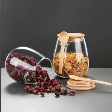 DNIENKGE Airtight glass jar storage container with bamboo lid Set of 2, wide mouth, leak-proof, With a spoon, can be used for coffee beans, tea leaves, grains, dried fruits, etc (Middle)